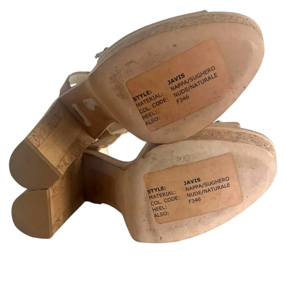 BRIAN ATWOOD Cork Platform Heeled Sandals 37 7 Chunky Heel Studded Beige Neutral